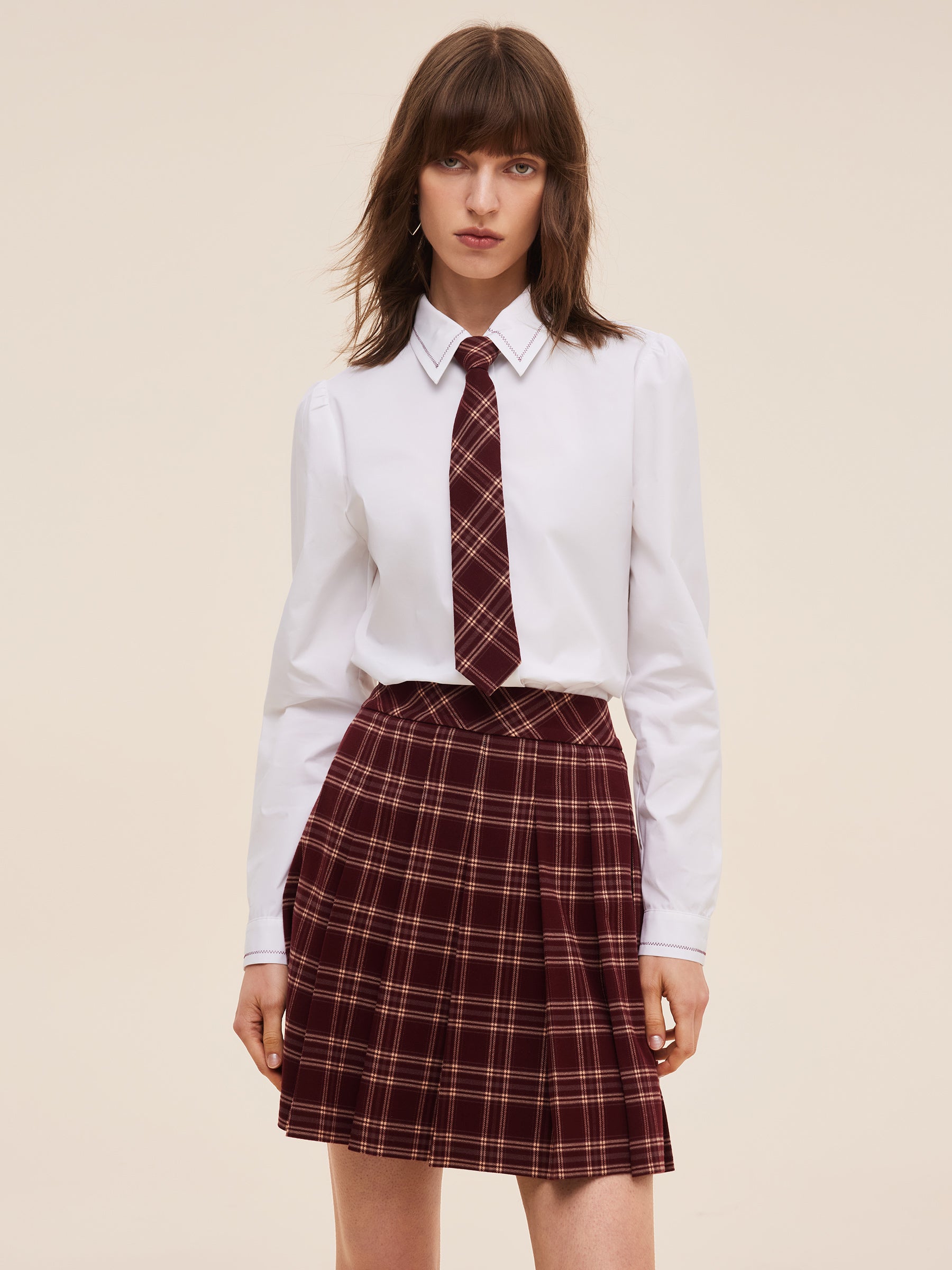 Embroidered Collar Women Shirt With Detachable Plaid Tie GOELIA
