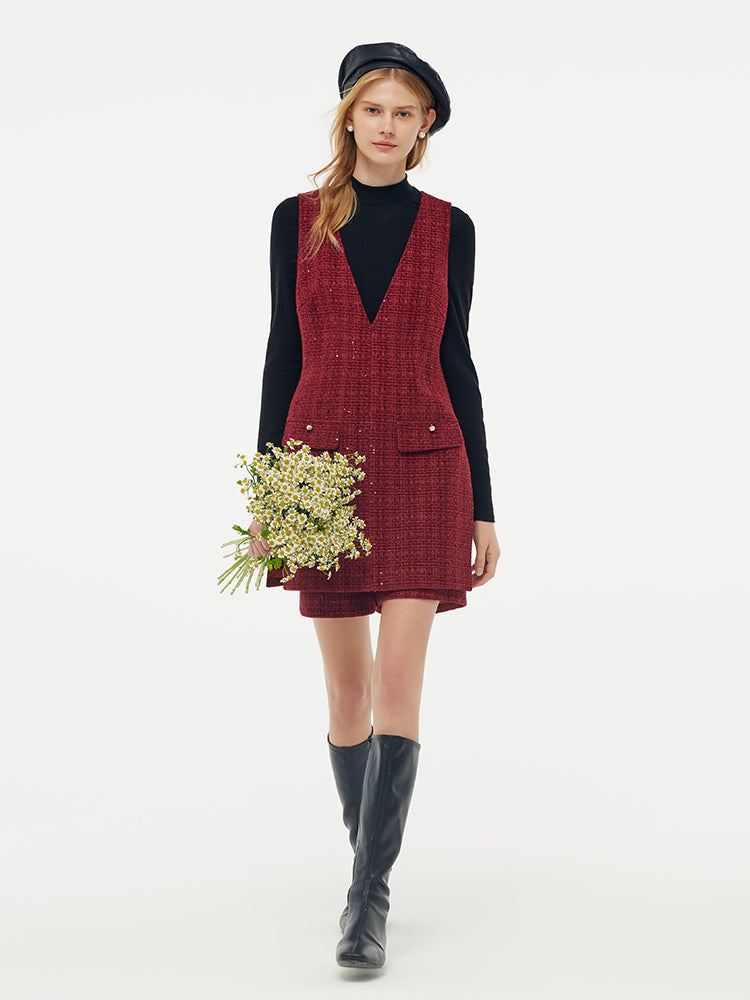 Tweed Sequins Vest Dress And Shorts And Knit Top Three-Piece Set GOELIA