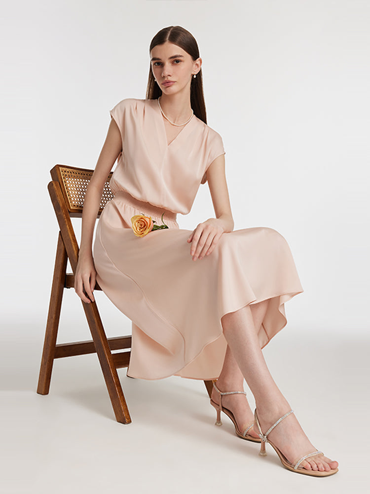22 Momme Mulberry Silk Gathered Waist Women Midi Dress GOELIA