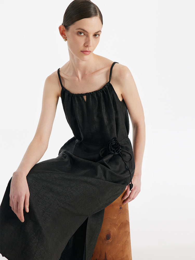 18 Momme Xiang Yun Silk Women Spaghetti Strap Maxi Dress With 3D Rose Belt GOELIA