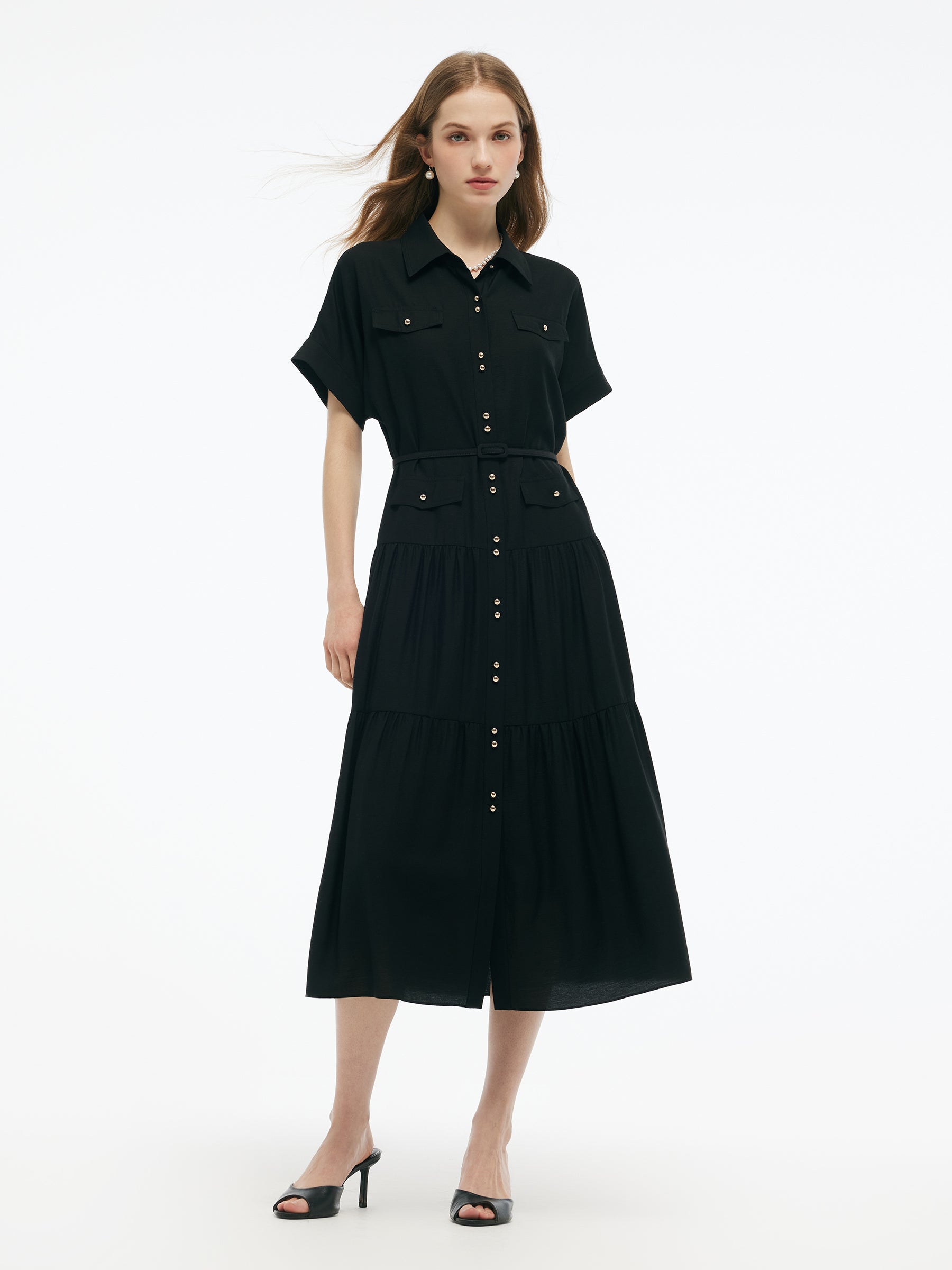 Acetate Blend A-Line Women Maxi Shirt Dress With Belt GOELIA