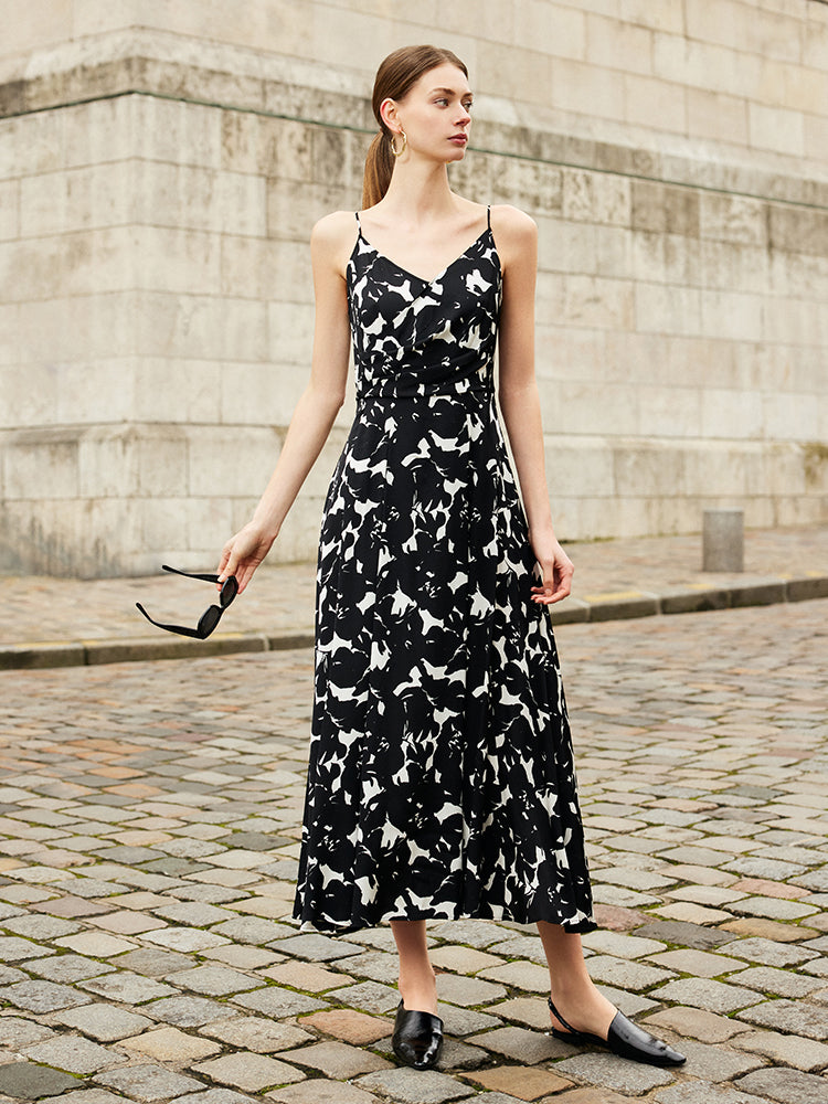 19 Momme Mulberry Silk Iris Printed Women Maxi Spaghetti Strap Dress With Scrunchie GOELIA