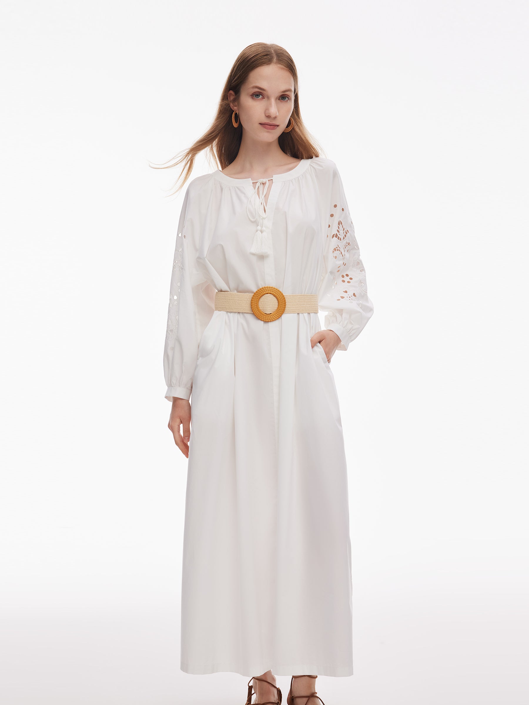 100% Cotton Embroidered Women Long Sleeve Maxi Dress GOELIA