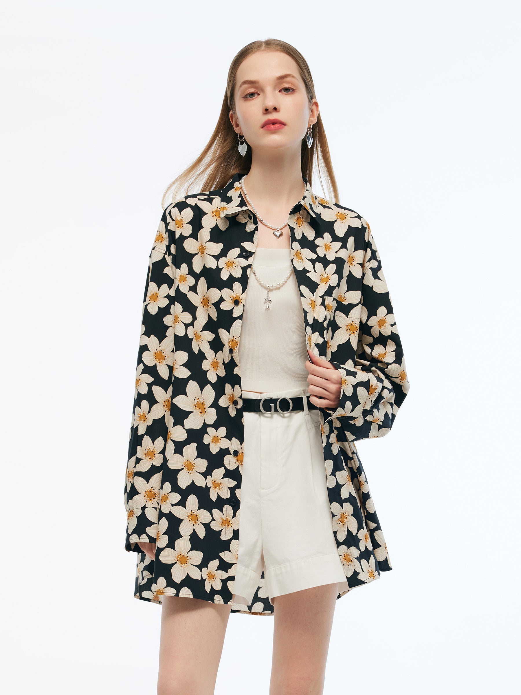 Cotton Stretch Floral Print Unisex Oversized Shirt GOELIA