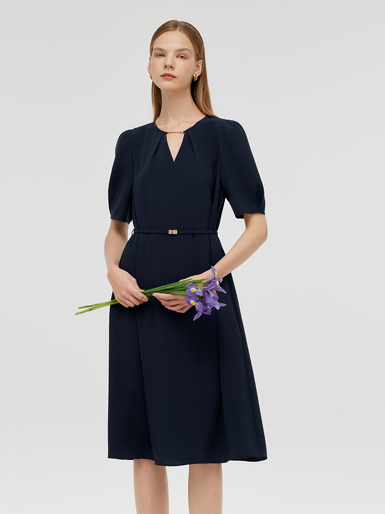 Triacetate Cut-Out Neck Women Midi Dress With Belt GOELIA