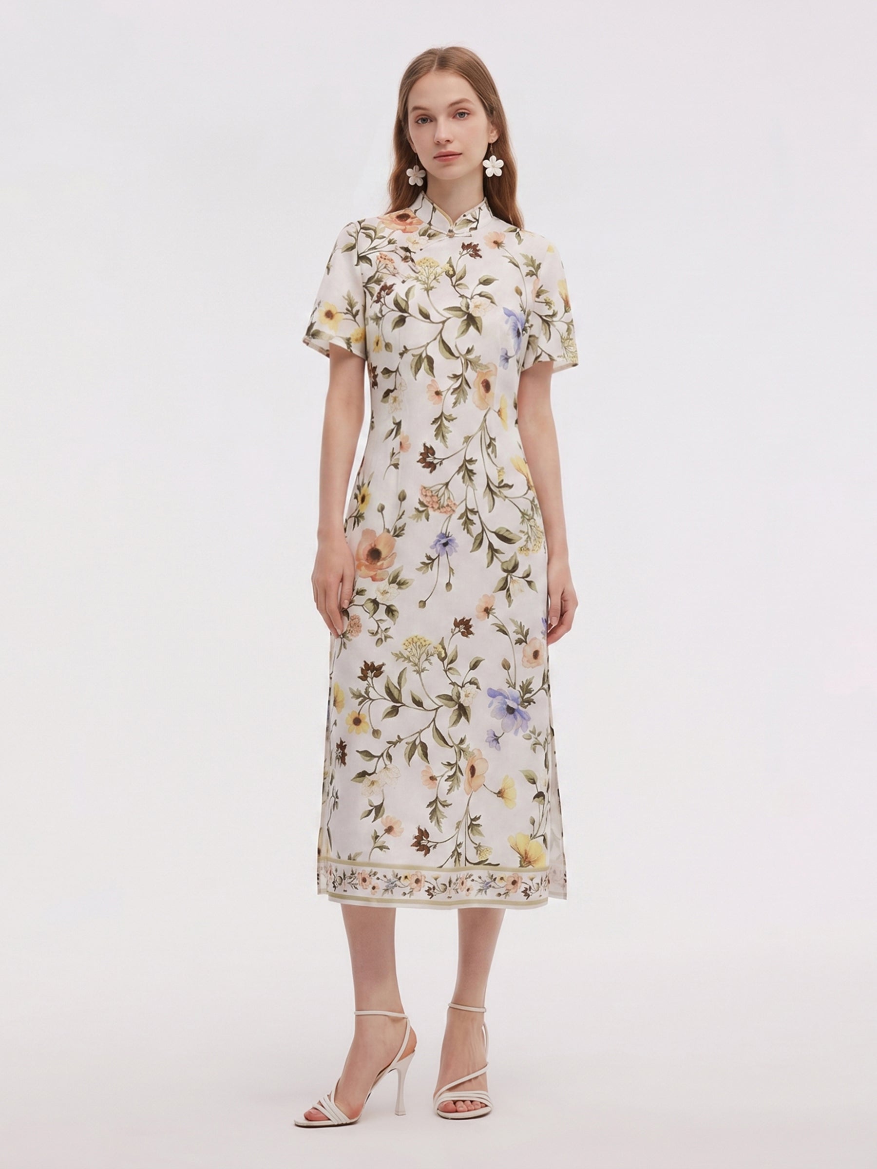 linen blend floral print dress Women's Florals in Focus Multi Floral Linen Blend Tie Front Maxi Dress | Size: S
