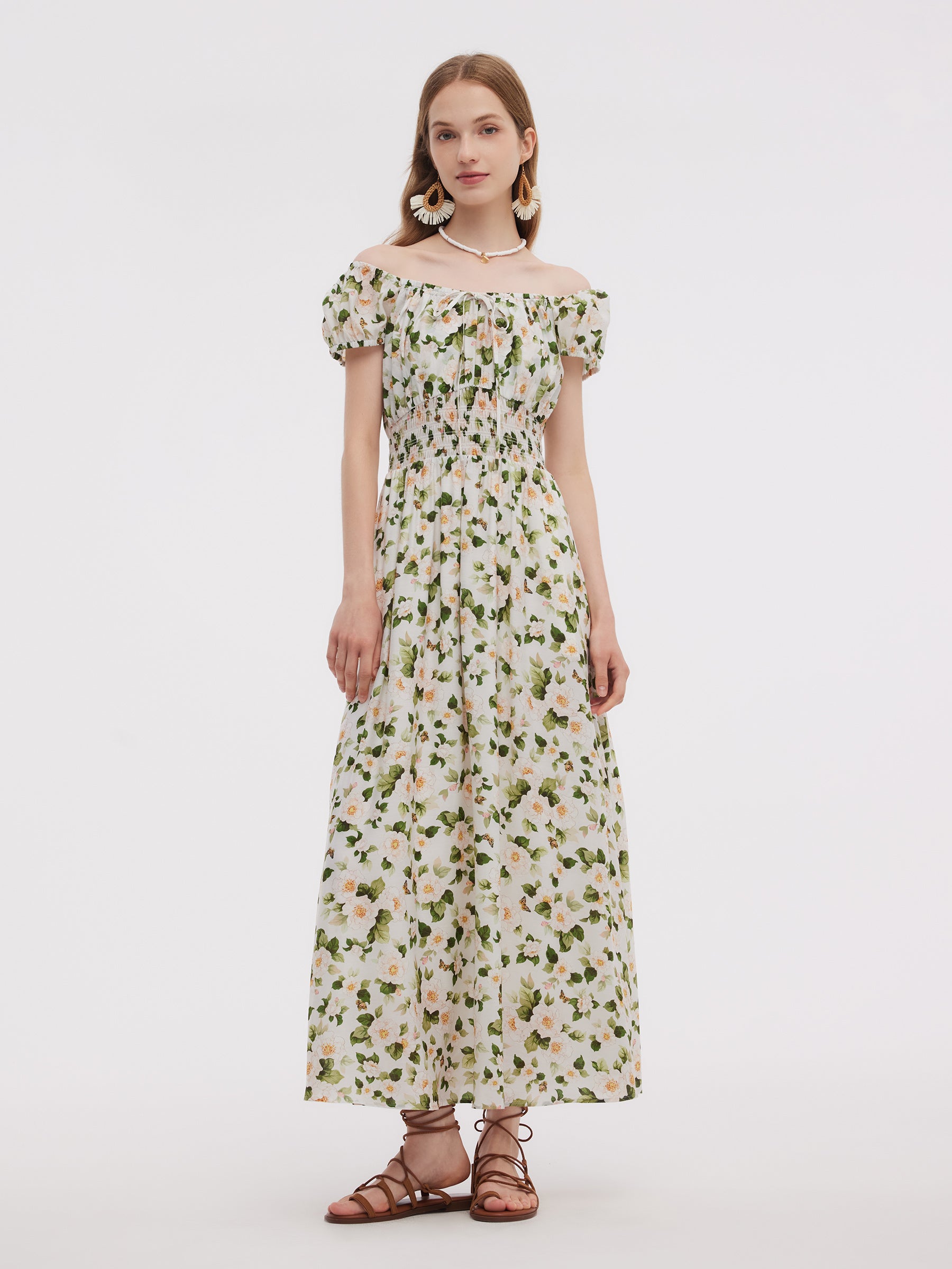 Acetate Blend Floral Print Adjustable Drawstring Neckline Women Maxi Dress GOELIA