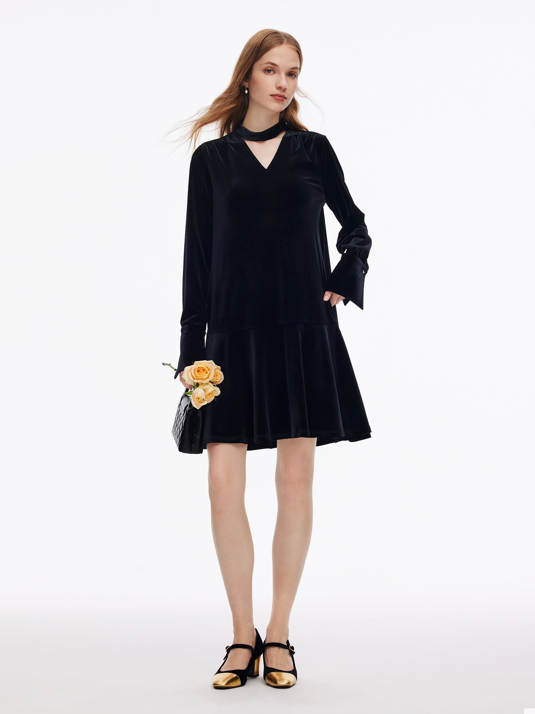 Velvet Ribbon V-Neck Ruffle Hem Women Mini Dress GOELIA