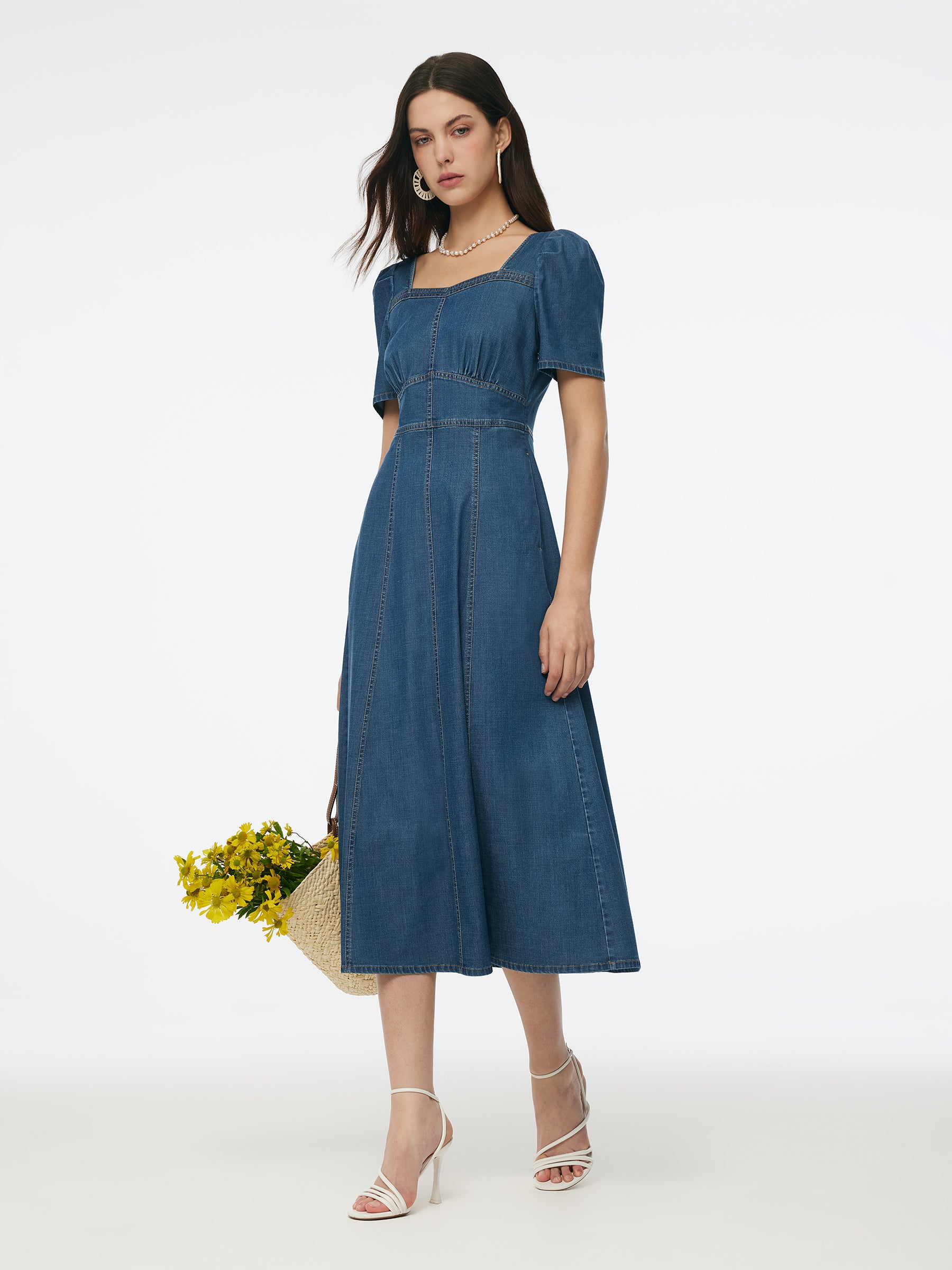 Denim Stretch Women Square Neck Midi Dress GOELIA