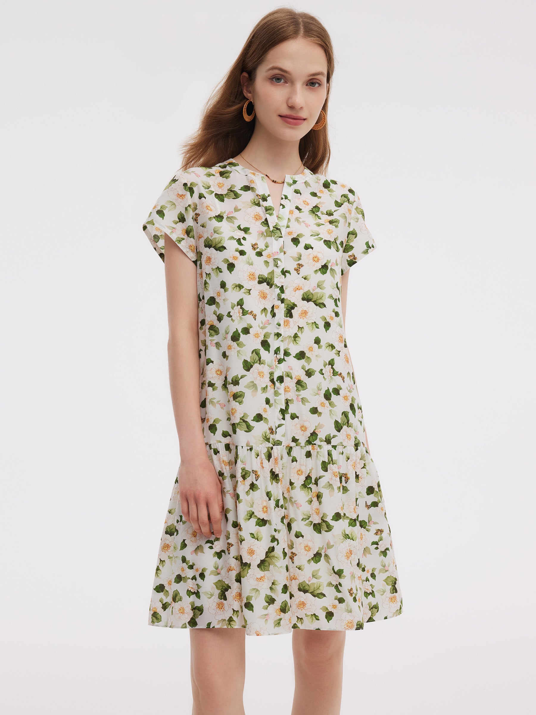 Acetate Blend Floral Print Ruffle Hem Women Mini Dress With Slip Dress GOELIA