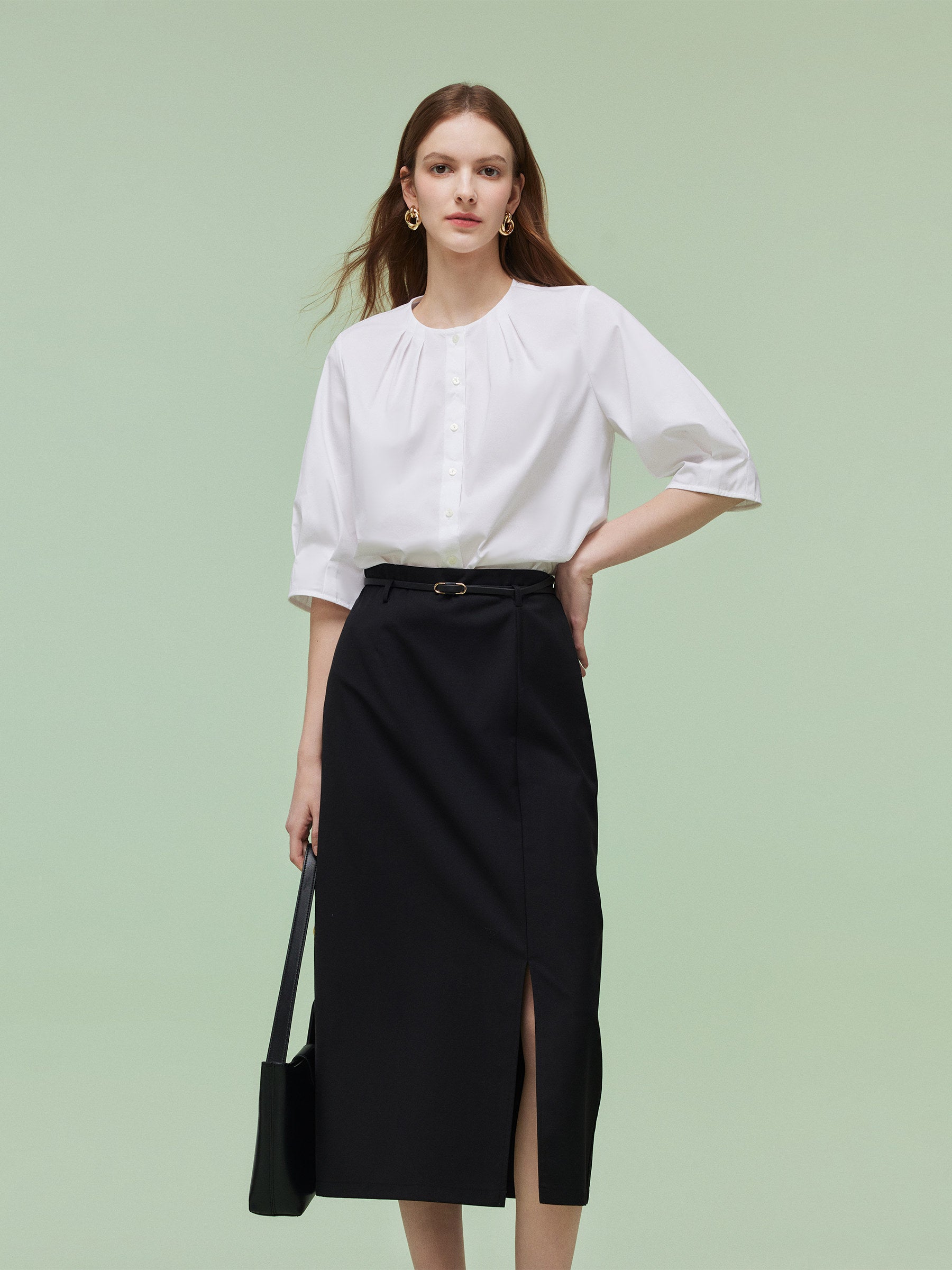 3/4 Sleeve Shirt And Front Slit Skirt Two-Piece Set With Leather Belt GOELIA