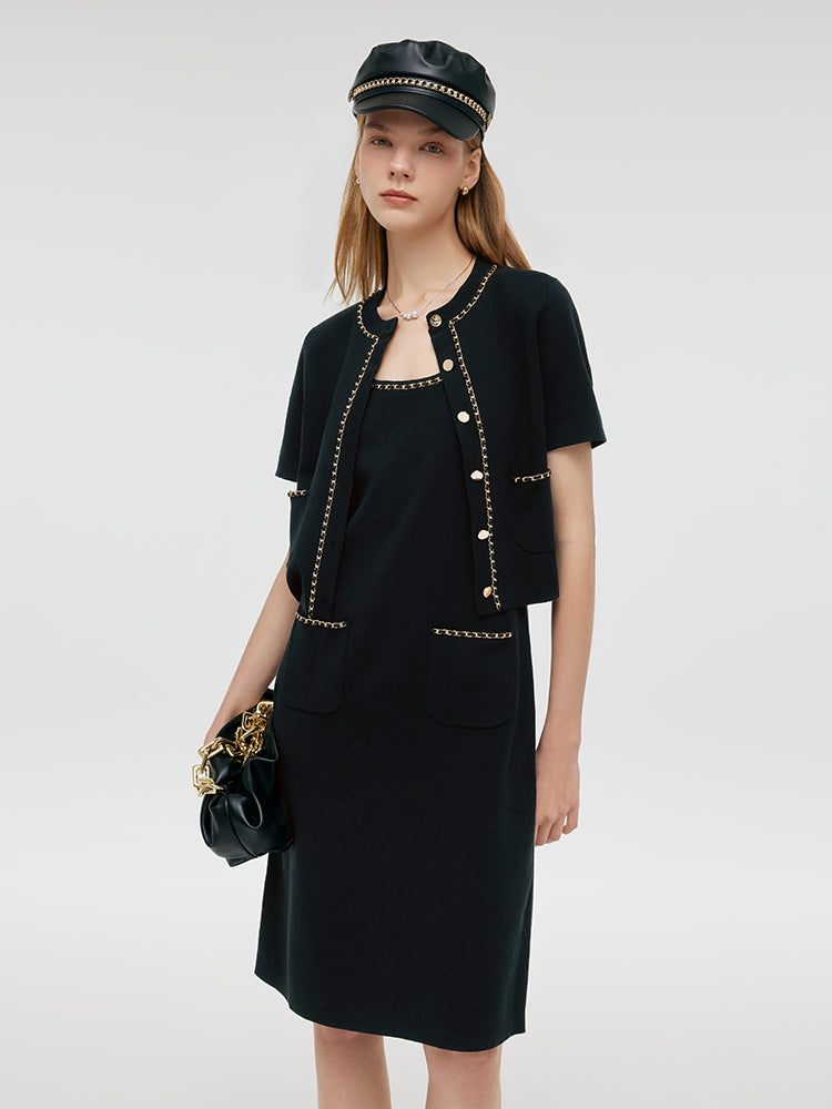 Chain Trim Knitted Jacket And Vest Dress Two-Piece Set GOELIA
