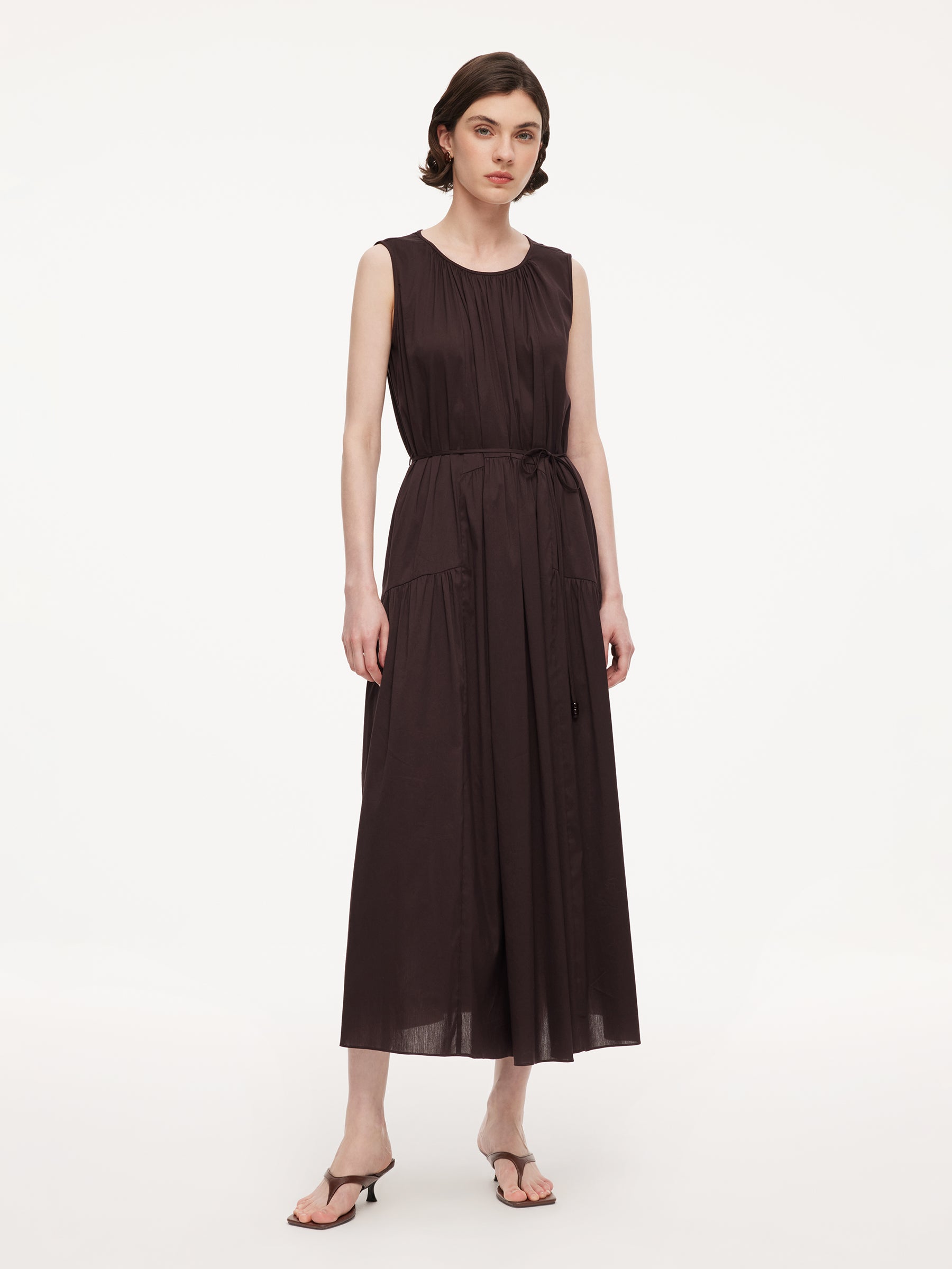 Cotton Blend A-line Women Sleeveless Maxi Dress With Self-Tie Belt, Dark Brown / XS Cotton Blend A-line Women Sleeveless Maxi Dress With Self-Tie Belt, Dark Brown / XS