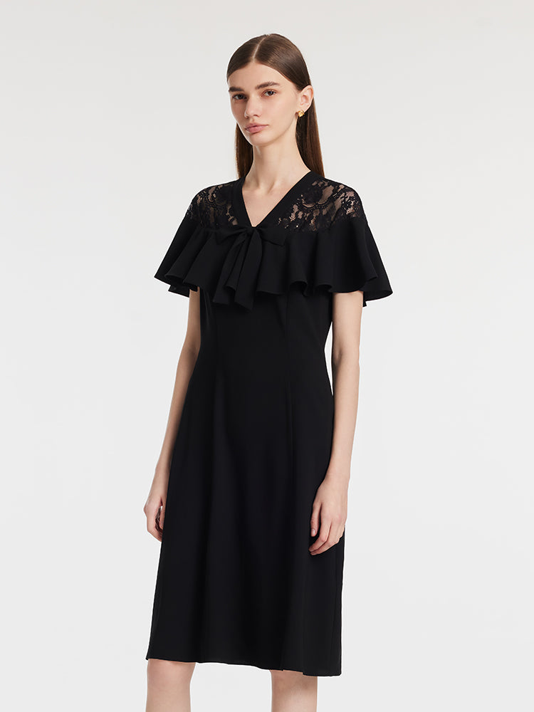 Acetate Patchwork Lace Ruffle Women Midi Dress GOELIA