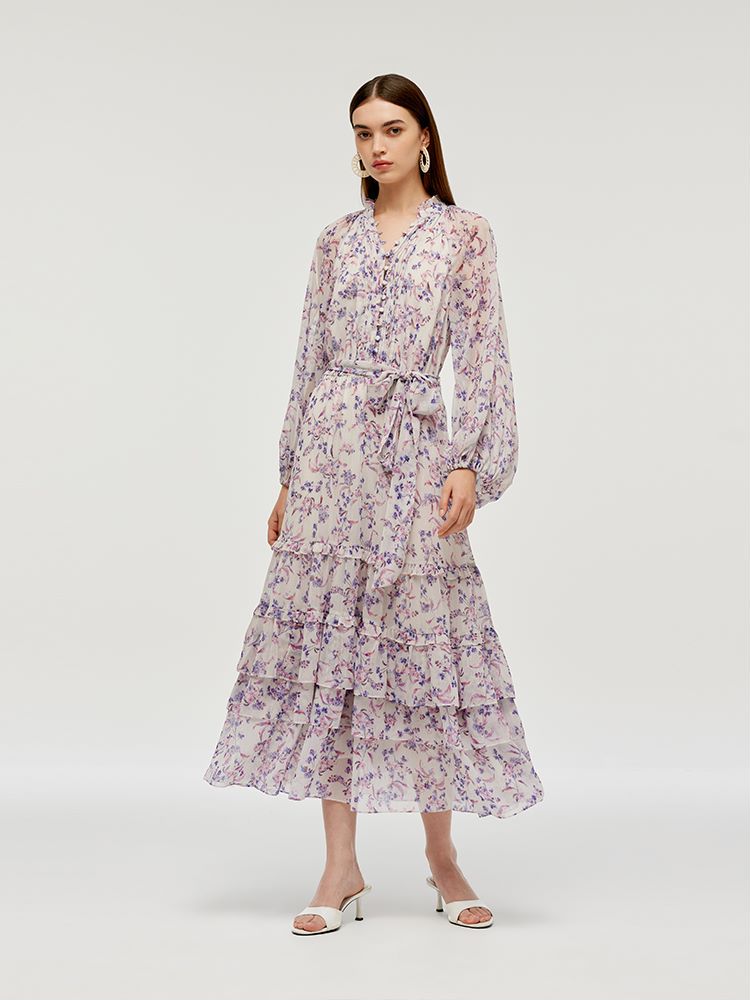 Floral Printed Tiered Women Maxi Dress With Belt GOELIA