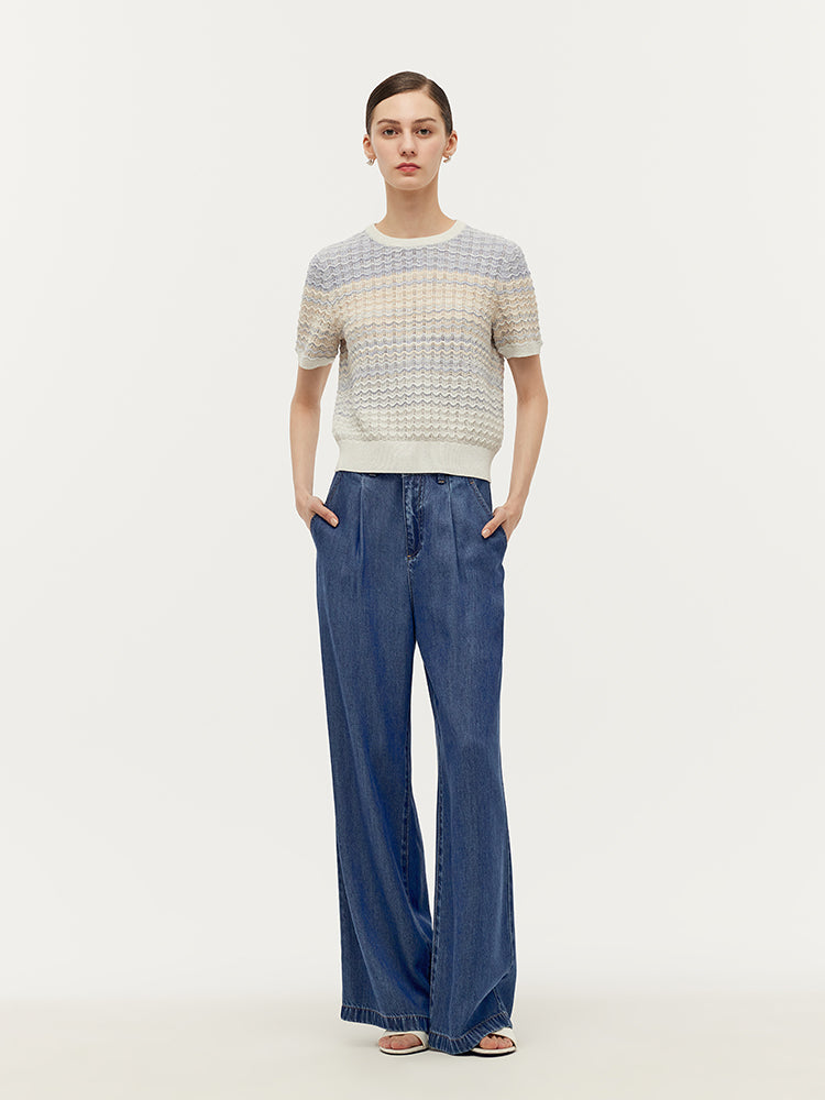 Blue And White Gradient Stripe Women Knit Top GOELIA