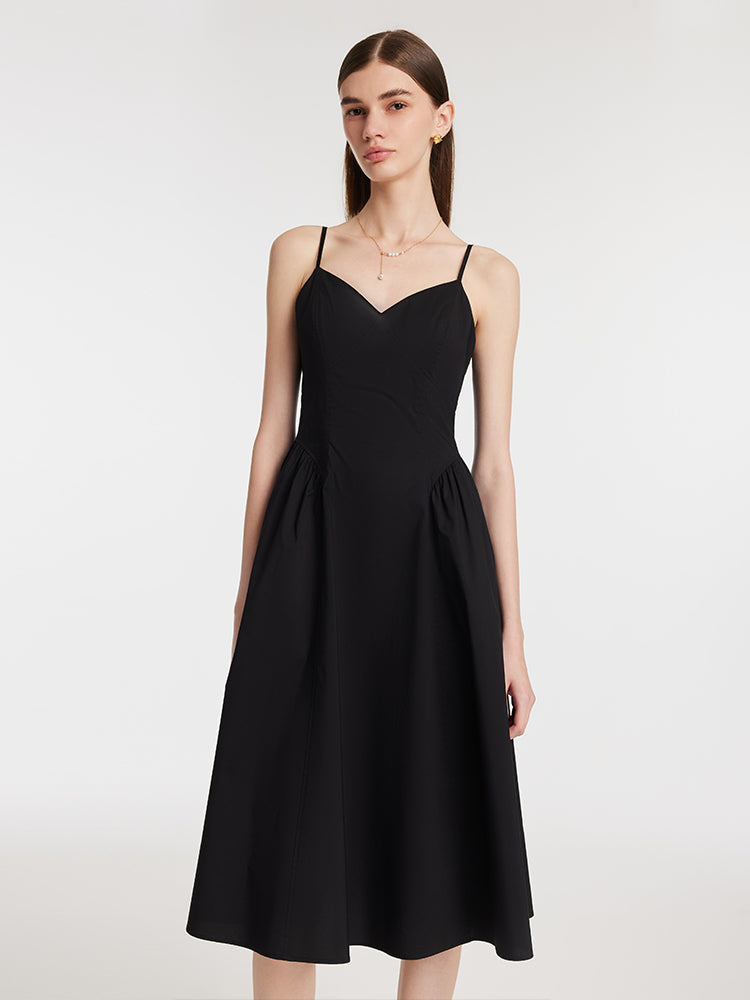 Gathered Waist Spaghetti Strap Women Midi Dress With Detachable Chest Pads GOELIA