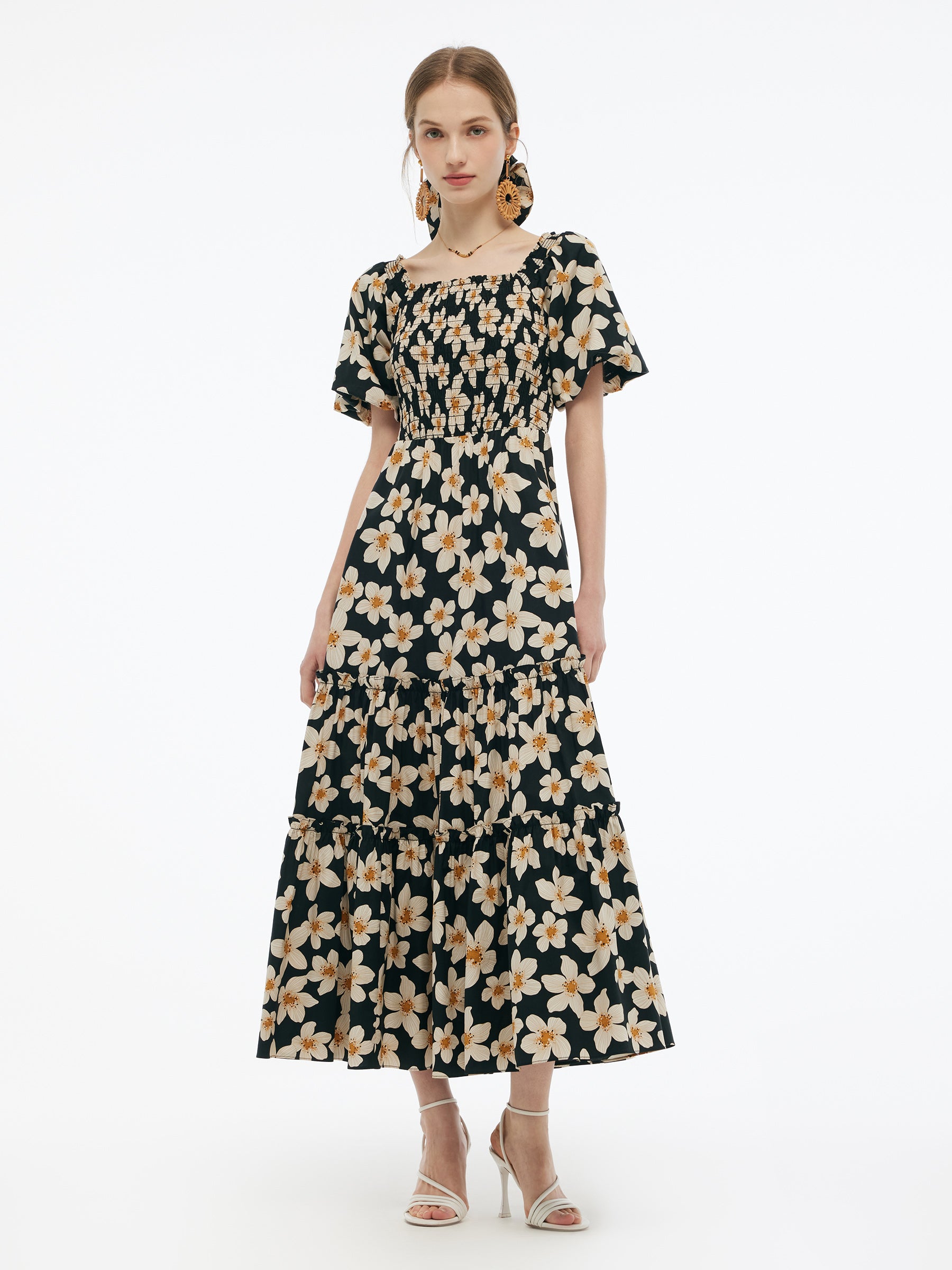 Cotton Stretch Floral Print Women Smocked Maxi Dress GOELIA