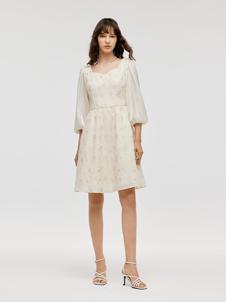 Lantern Sleeve Patchwork Jacquard Women Mini Dress GOELIA