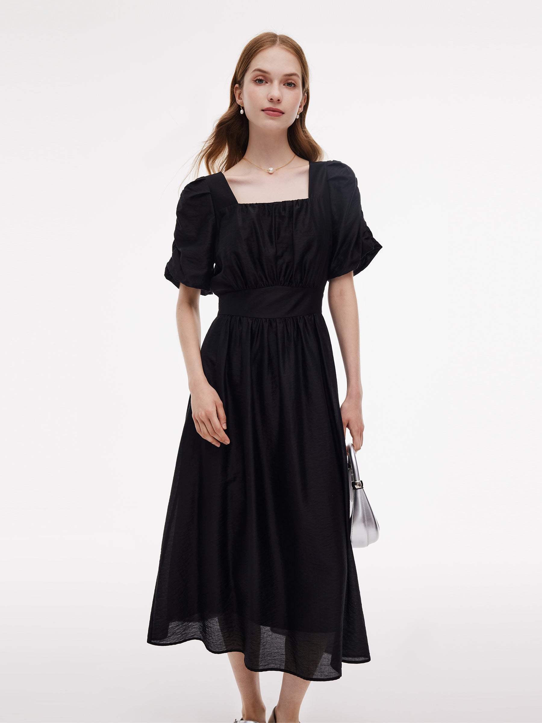 Tencel Blend Square Neck Women Puff Sleeve Maxi Dress GOELIA
