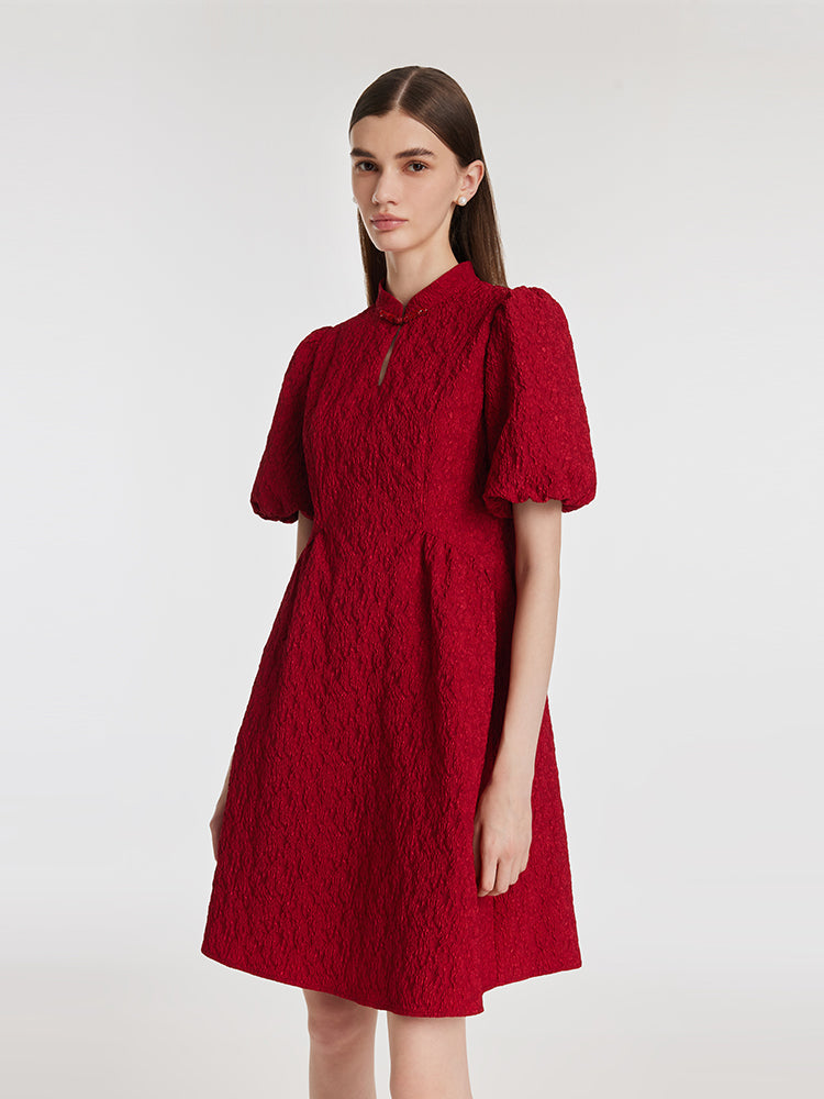Jacquard Puff Sleeves Women Qipao Mini Dress GOELIA