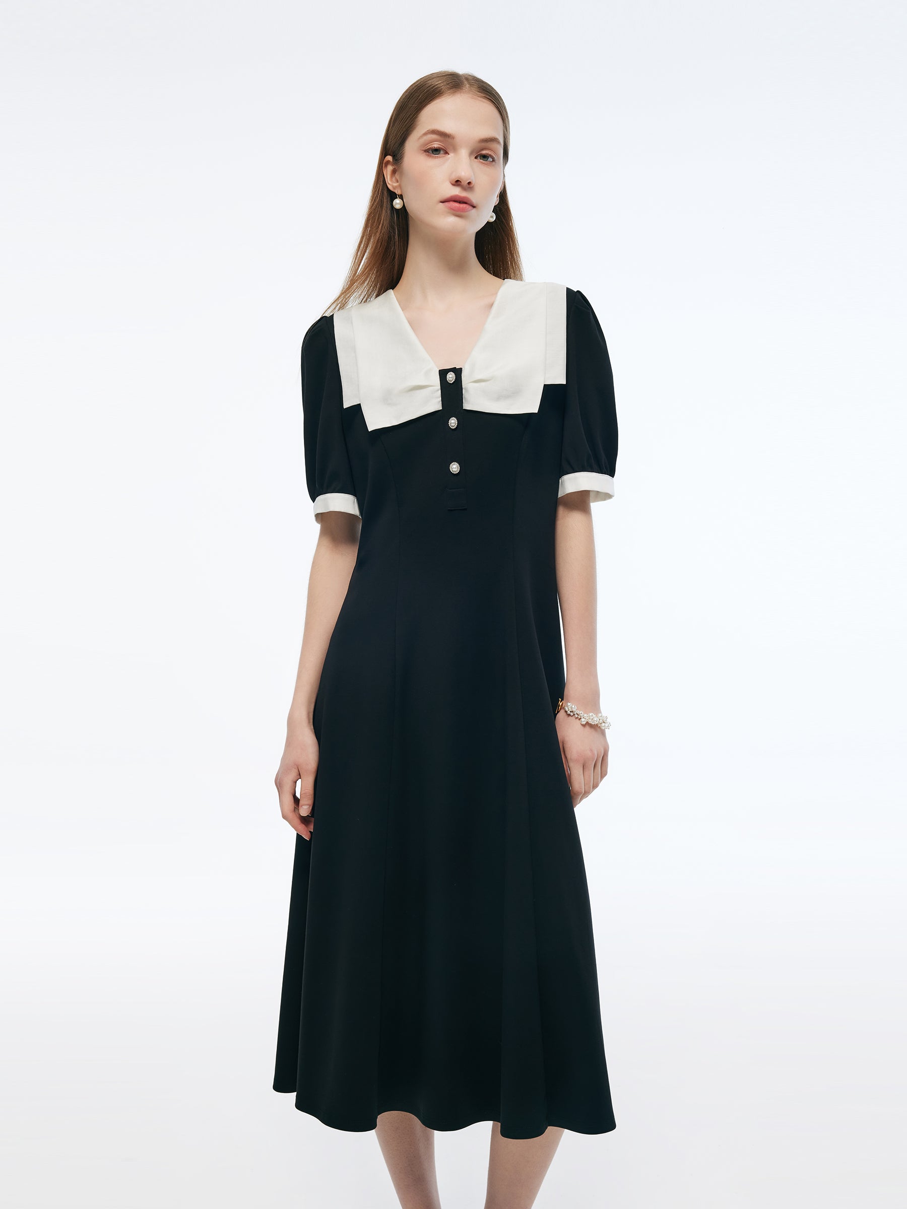 Stretch Patchwork Collar Women Color Block Midi Dress GOELIA