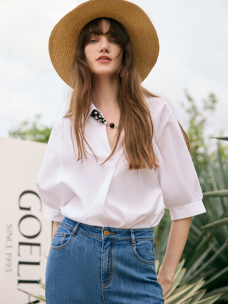 Puff Sleeves V-Neck Women Shirt With Silk Scarf GOELIA