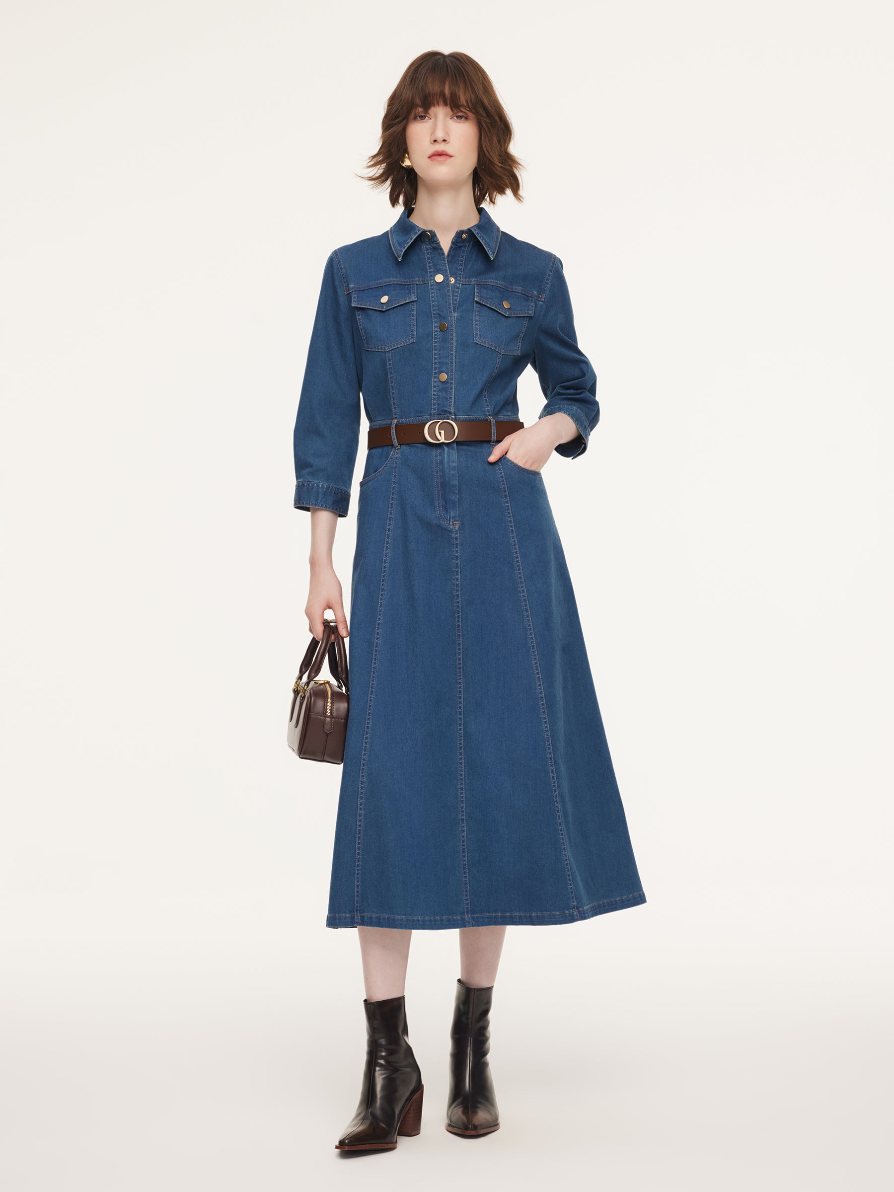 Denim Gathered Waist Women Maxi Dress With Belt, Mid Denim / S Denim Gathered Waist Women Maxi Dress With Belt, Mid Denim / S