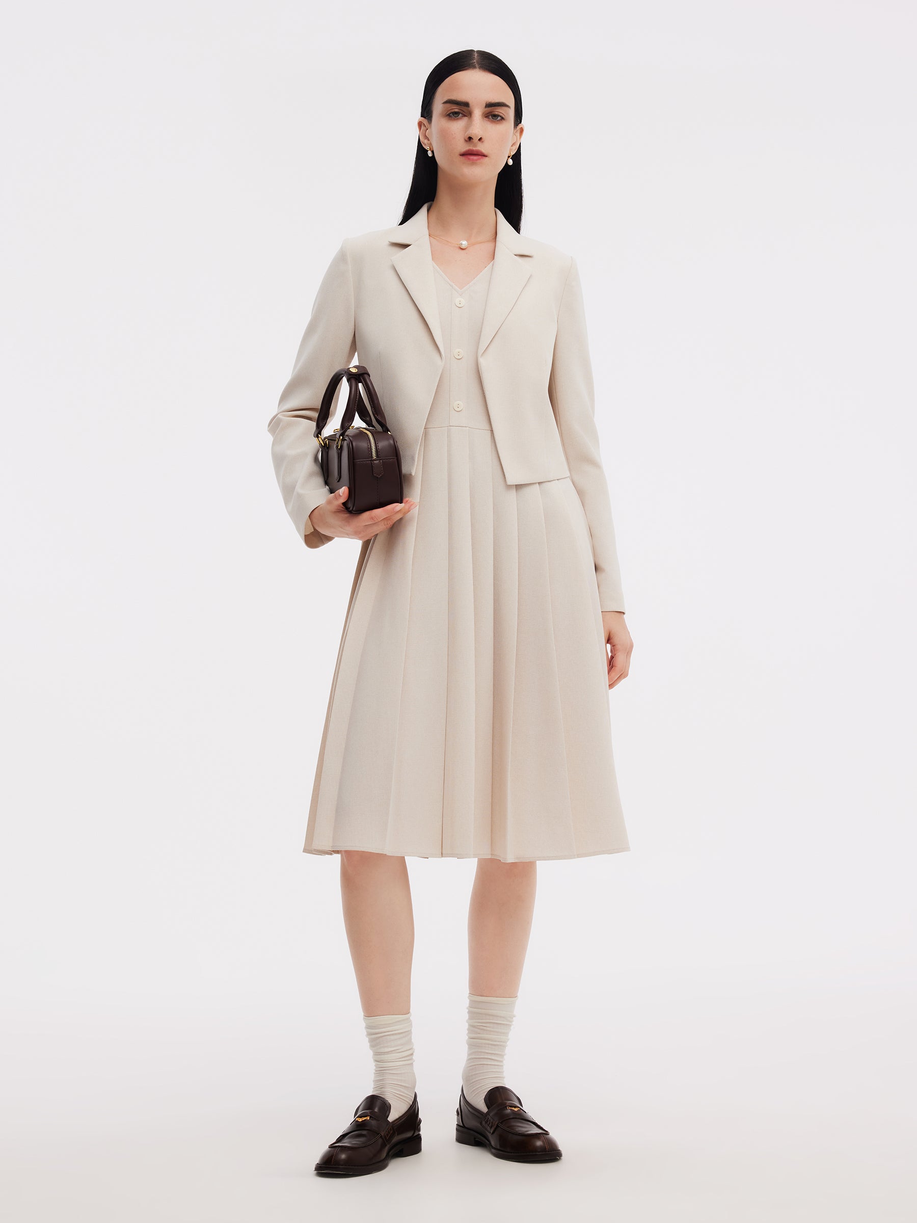 Crop Blazer And Sleeveless Pleated Midi Dress Two-Piece Set GOELIA