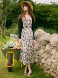 Camellia Printed Spaghetti Strap Dress And Knitted Cardigan Two-Piece Set GOELIA