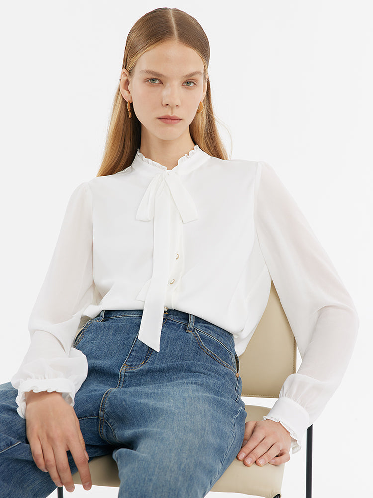 Bow Tie Ruffle Collar Women Shirt GOELIA