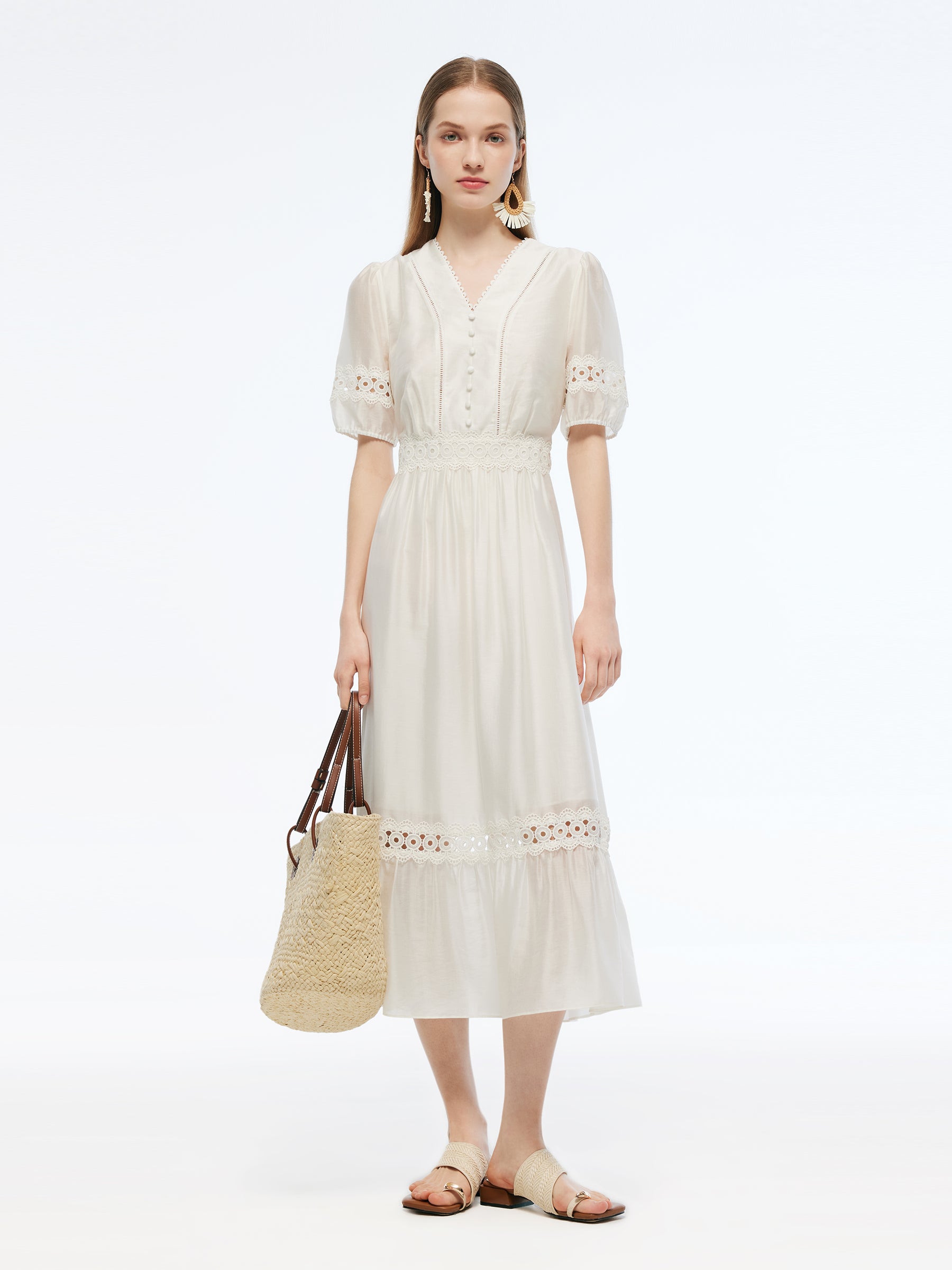 Tencel Blend Patchwork Lace Women Maxi Dress, Ivory / XS Tencel Blend Patchwork Lace Women Maxi Dress, Ivory / XS