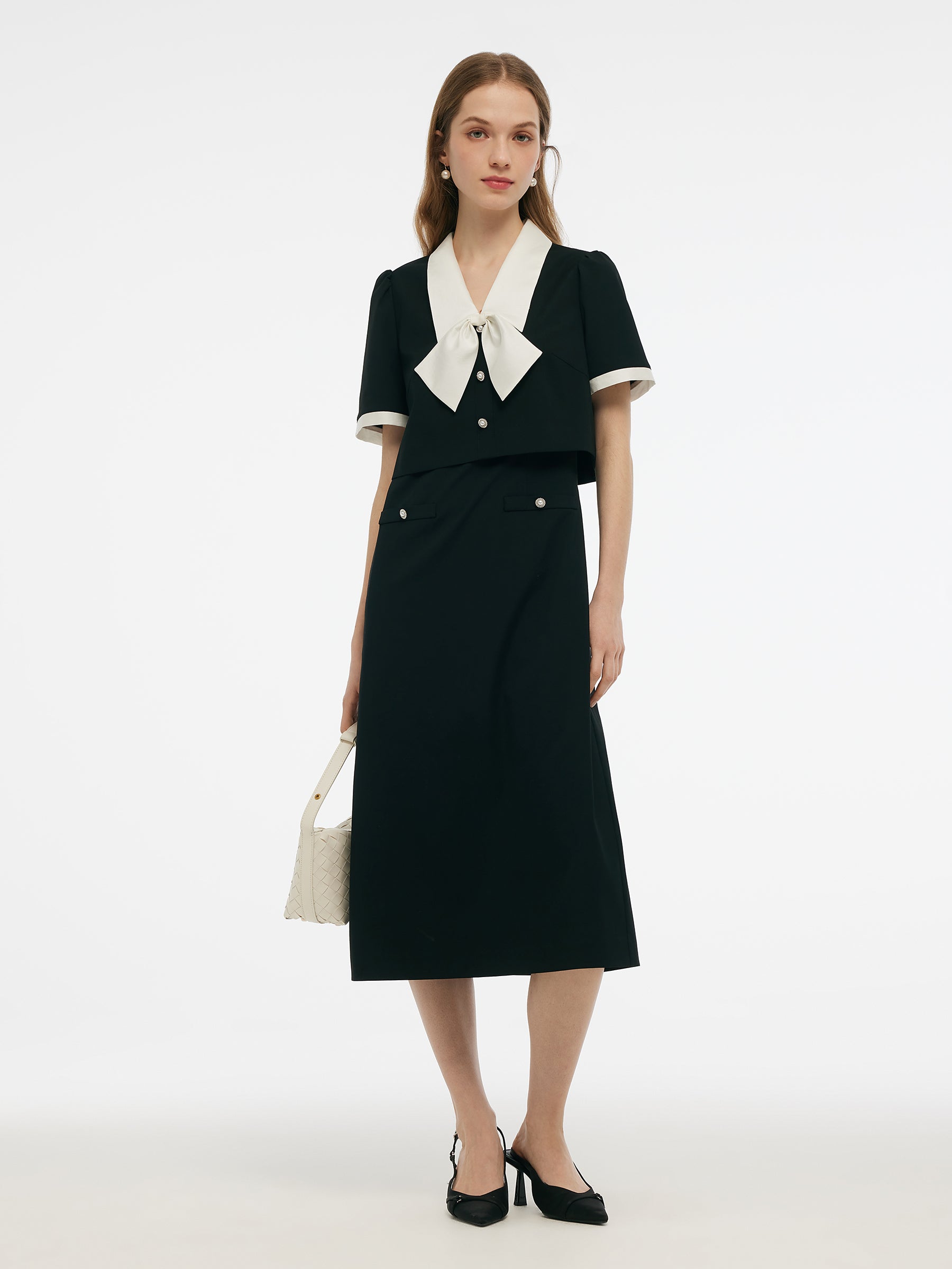 Faux Two-Piece Women Midi Dress With Detachable Bowknot GOELIA