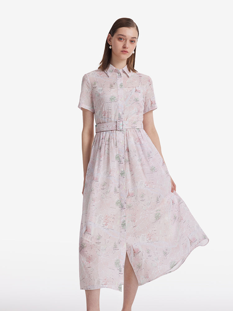 Map Printed Women Midi Dress With Bottomed Dress And Belt GOELIA