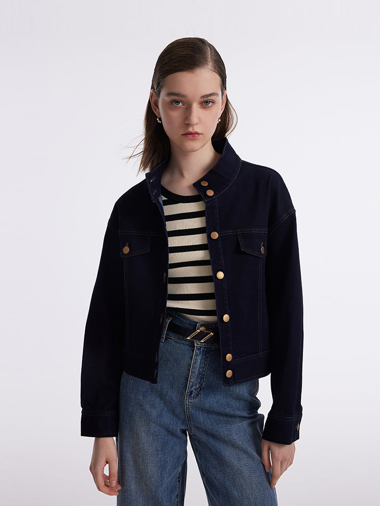 Stand Collar Denim Women Crop Jacket GOELIA