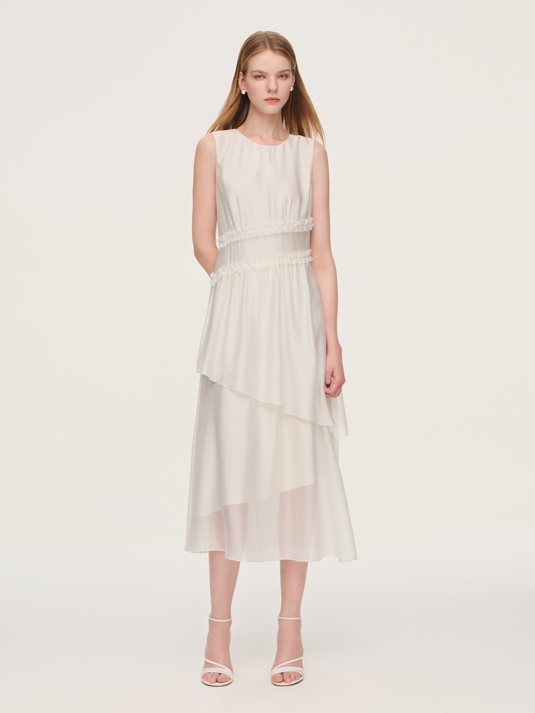 Ruffle Sleeveless Women Tiered Maxi Dress, Ivory / M Ruffle Sleeveless Women Tiered Maxi Dress, Ivory / M