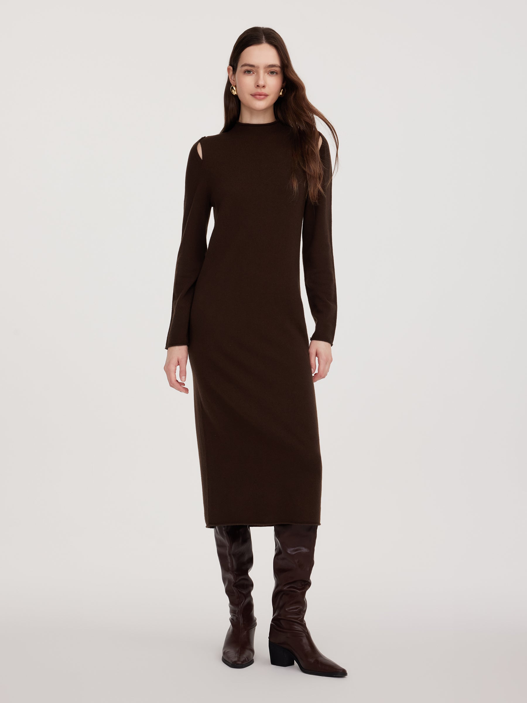 100% Wool Mock Neck Women Knit Maxi Dress, Coffee Brown / M 100% Wool Mock Neck Women Knit Maxi Dress, Coffee Brown / M