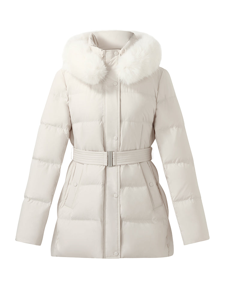 Hooded Gathered Waist Goose Down Coat With Belt GOELIA