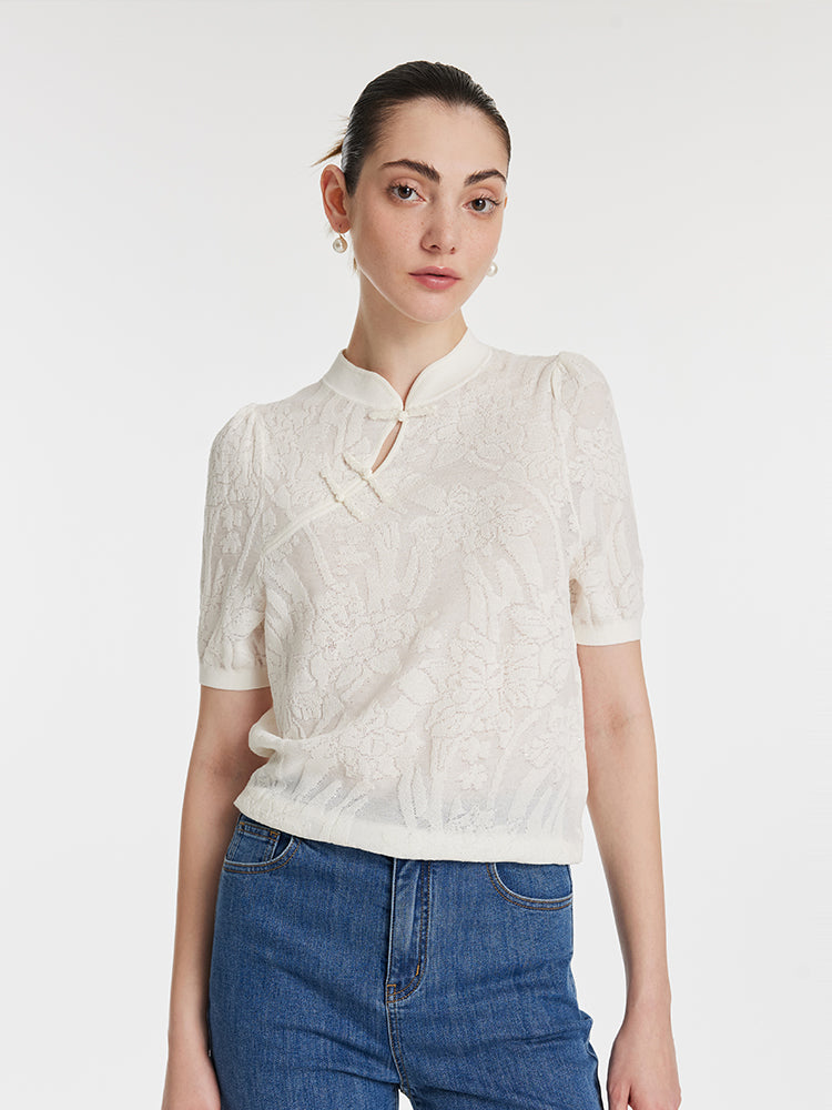Iris Jacquard Sequins Mandarin Collared Women Knit Top GOELIA