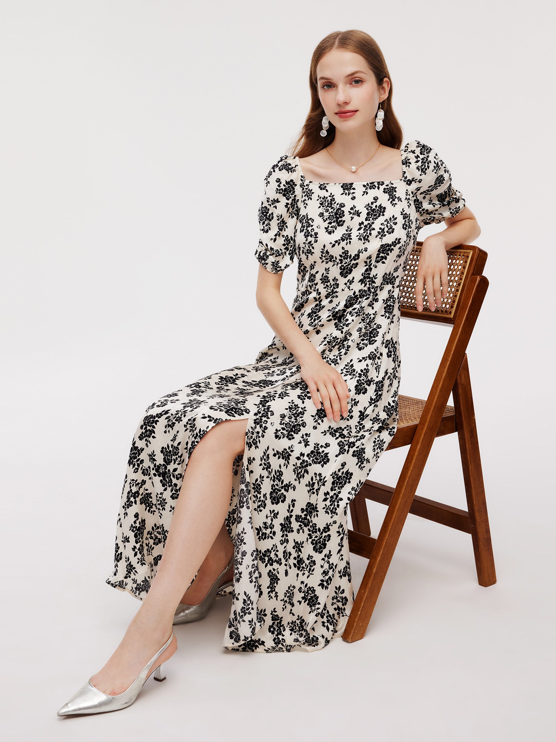 Floral Print Side Slit Women Smocked Back Maxi Dress GOELIA