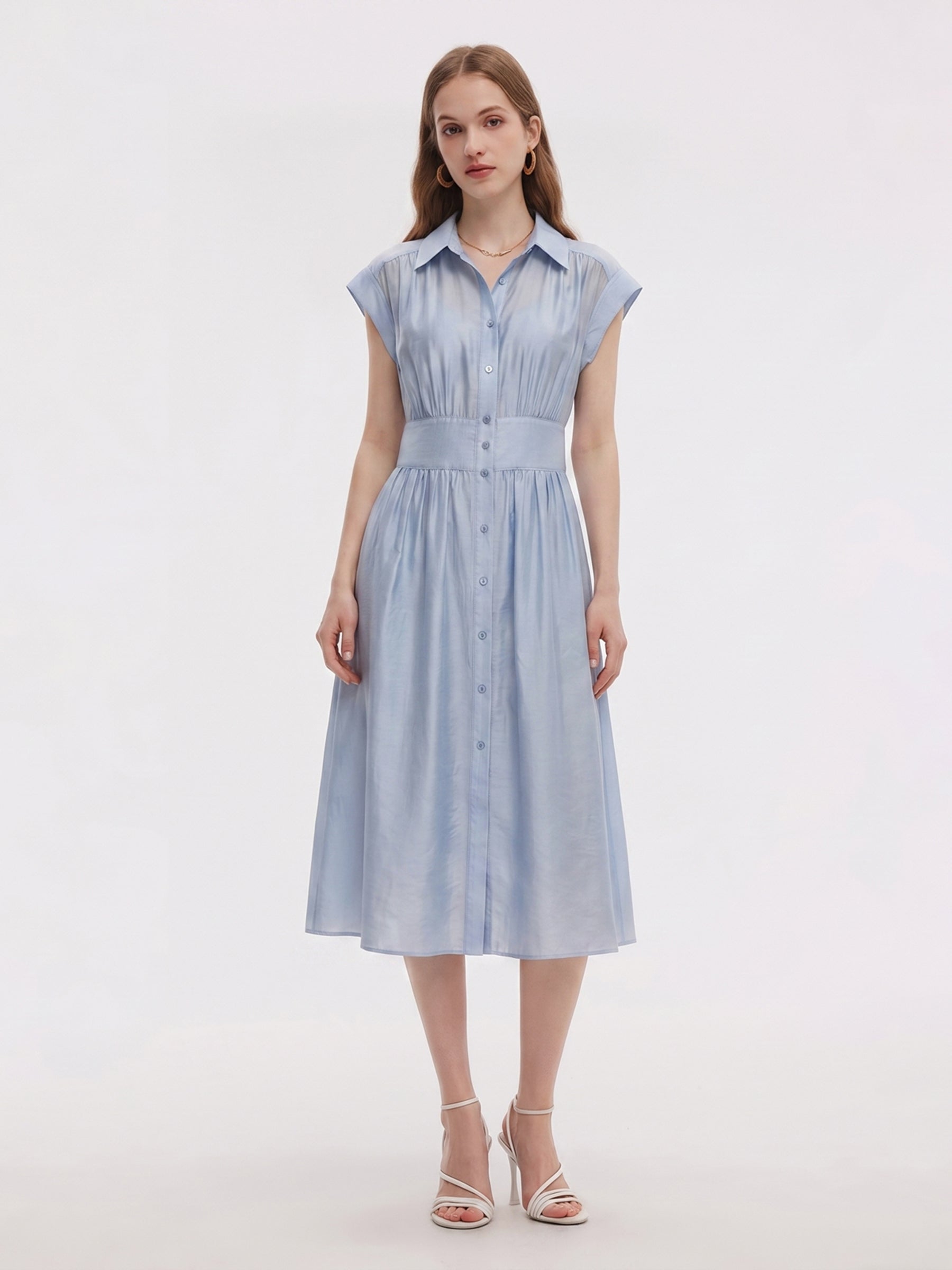 ladies midi shirt dress Tencel Blend Women Midi Shirt Dress With Slip, Light Blue / XS