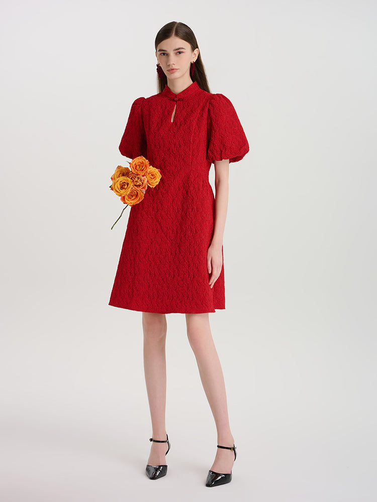 Floral Jacquard Mandarin Collared Women Mini Qipao Dress GOELIA