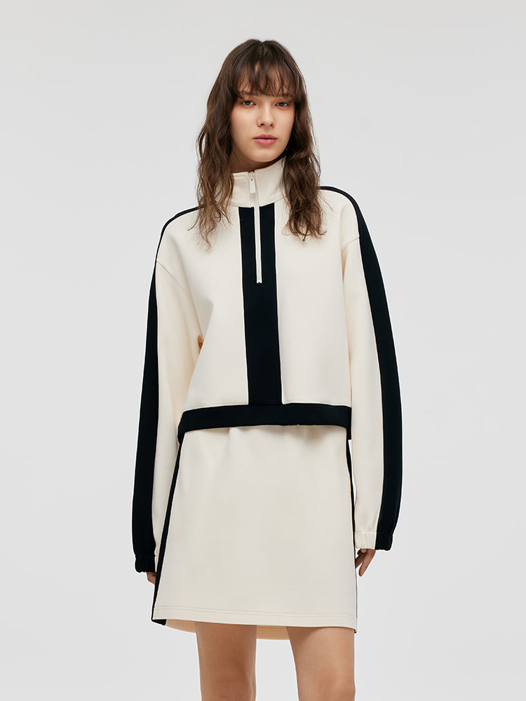 Contrast Trim Zippered Collar Sweatshirt And Skirt Two-Piece Set GOELIA
