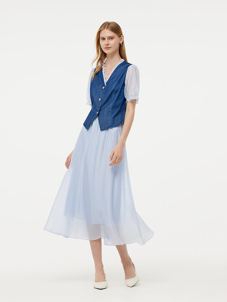 Denim Lyocell Patchwork Crop Jacket And Skirt Two-Piece Set GOELIA
