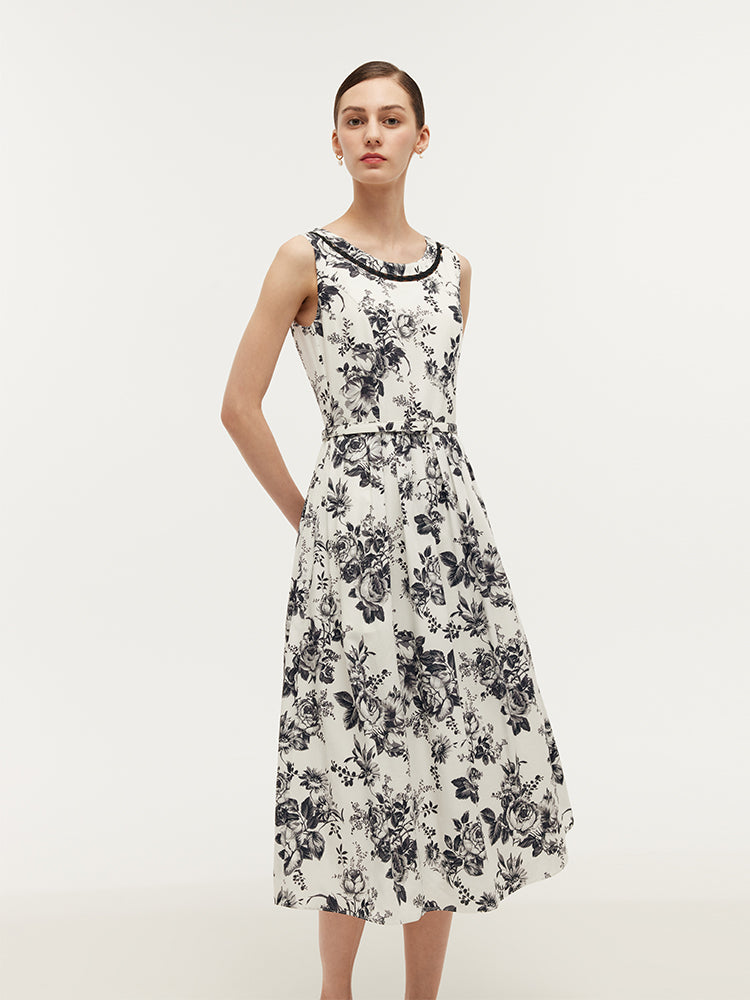 Tencel Print Gathered Waist Women Midi Vest Dress With Belt GOELIA