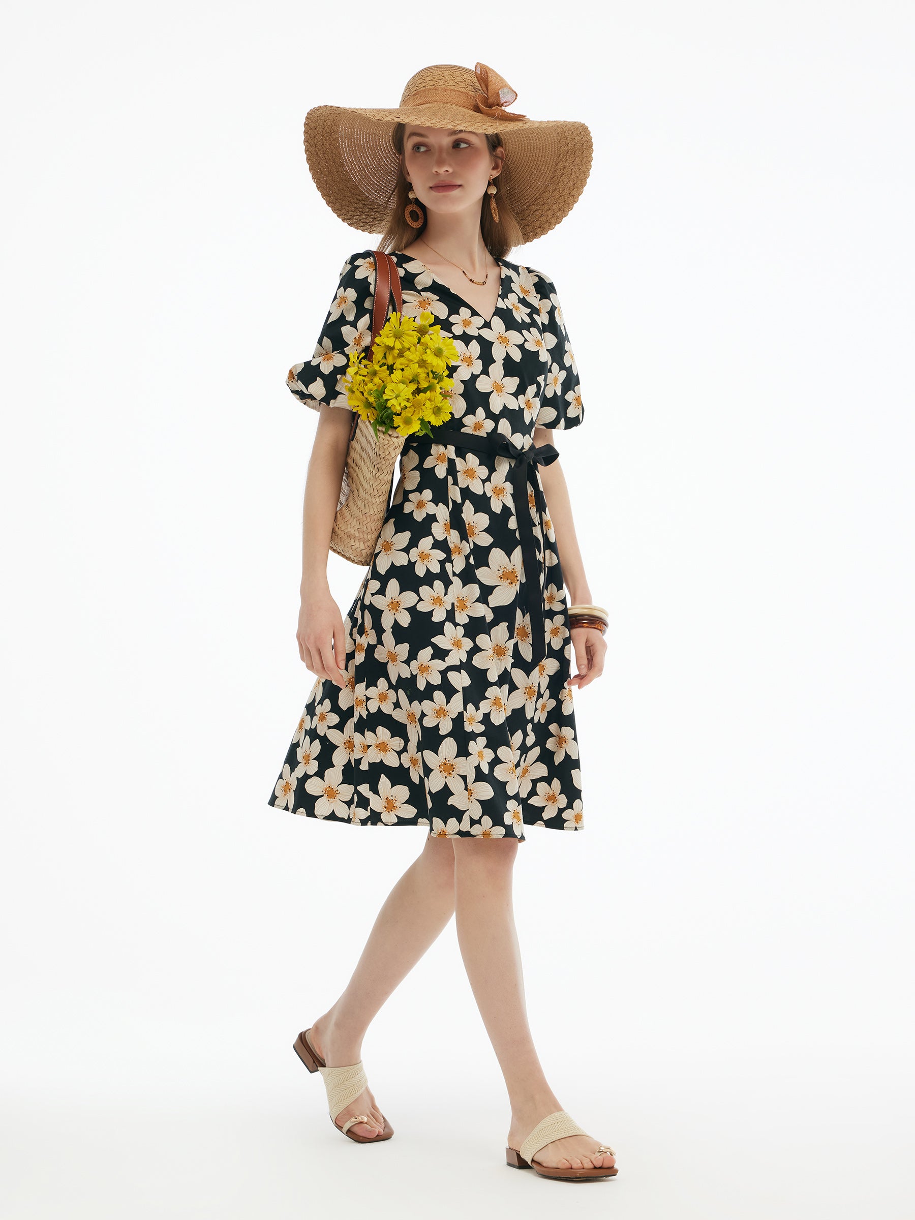 Cotton Stretch Floral Print Women Tie Belt Midi Dress GOELIA