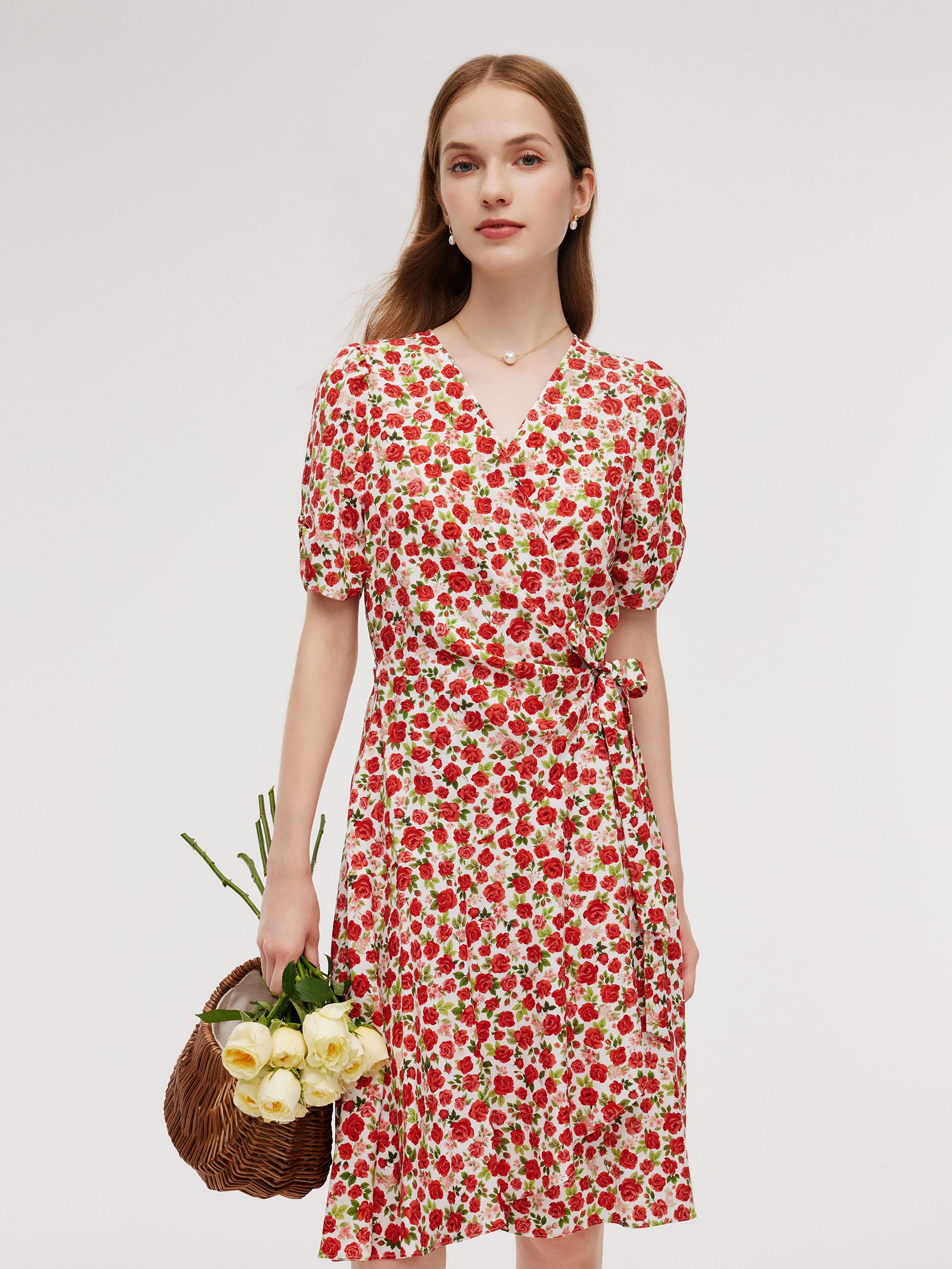 Tencel And Linen Blend Women Rose Print Midi Dress GOELIA