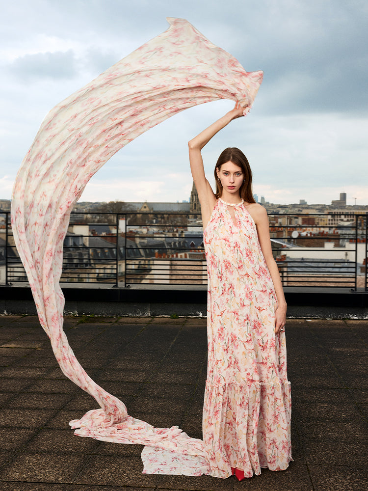 10 Momme Mulberry Silk Iris Printed Halter Ruffle Women Maxi Dress GOELIA