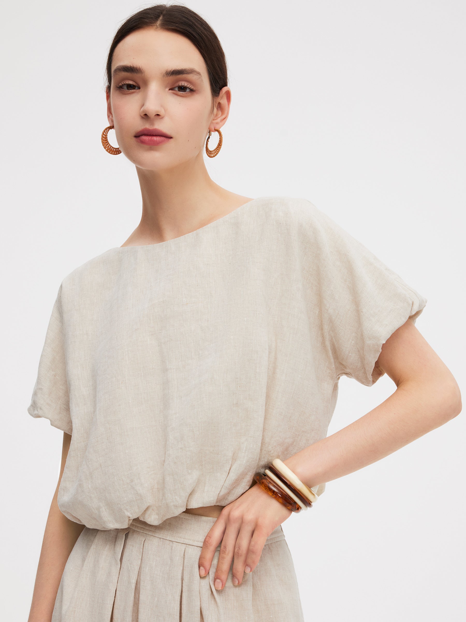 100% Linen Women Bud Sleeve Top GOELIA