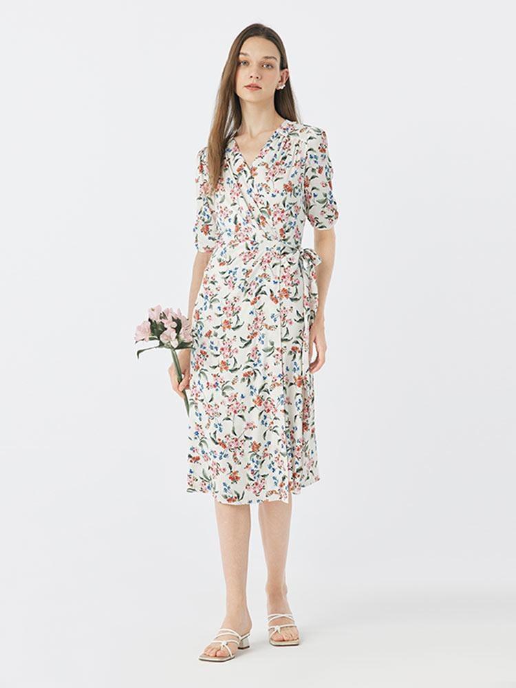 19 Momme Silk V-Neck Lace Up Midi Dress GOELIA